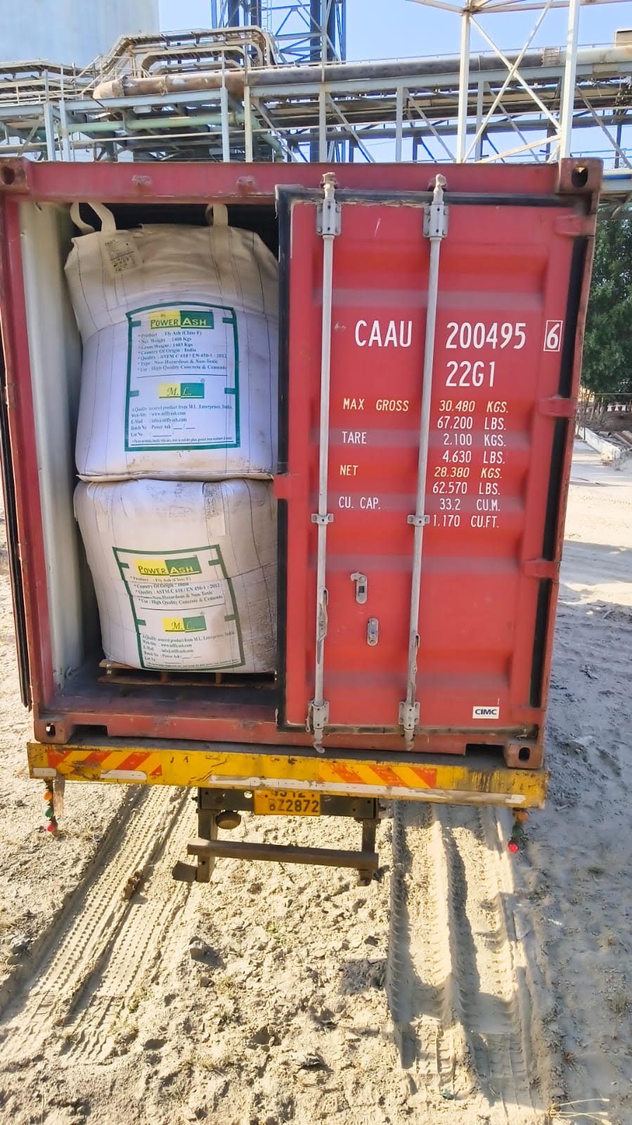 Fly ash jumbo bags loaded into export container